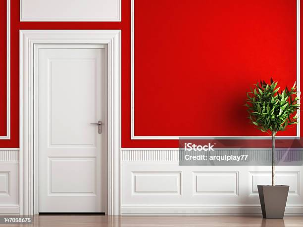 Interior Design Clássico De Vermelho E Branco - Fotografias de stock e mais imagens de Parede - Parede, Vermelho, Rodapé de Parede