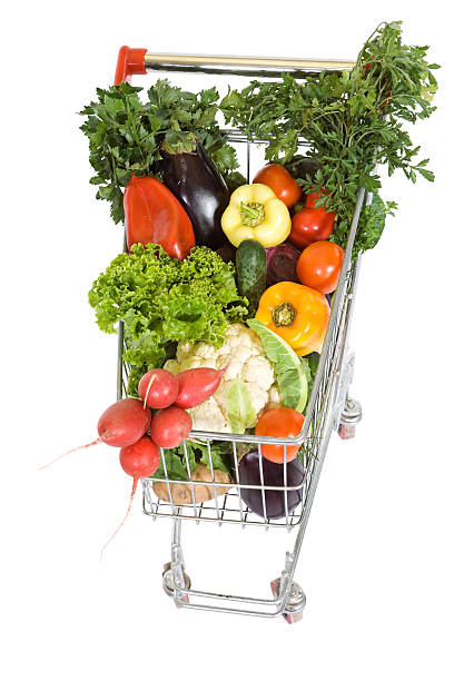 istock Shopping cart with vegetables - top view, isolated 147058874
