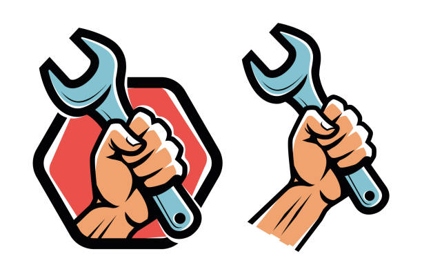 faust hält einen schraubenschlüssel. werkstatt, emblem des technischen dienstes. garantie-reparatur-emblem. vektorillustration - mechanic cartoon construction work tool stock-grafiken, -clipart, -cartoons und -symbole