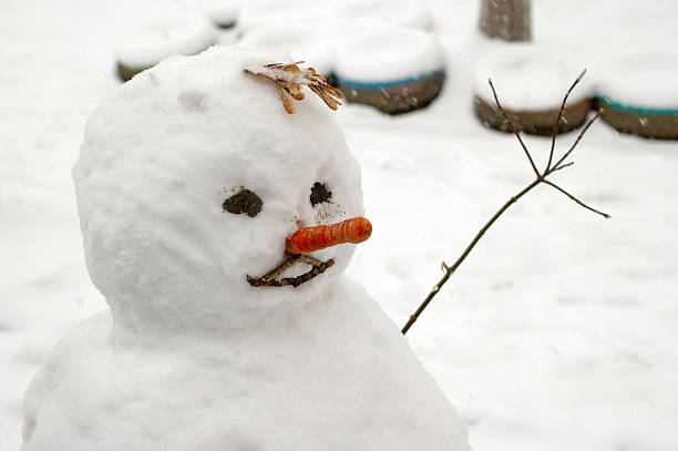 Funny snowman with carrot nose. stock photo