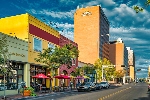 Colorful store facades and cafe in downtown Albuquerque, New Mexico, USA.