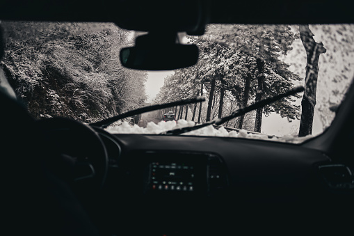 driving, car, winter, road, snow, ice, storm, windshield, car interior, snowing