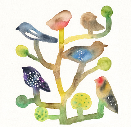 Watercolour painting of birds. A tree in spring season.