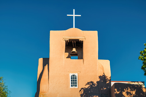 The historic, early 17th century San Miguel Mission in downtown Santa Fe, New Mexico USA.