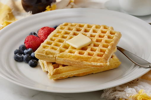 Square Buttermilk Waffles with Maple Syrup and Fresh Fruit