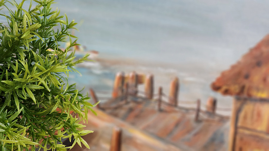 Green shrub in foreground with soft focus of dock and boat in background.