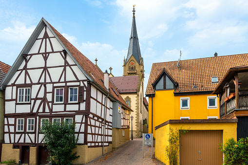 The Mockmuhl Town Hall building in the town square of the rural hill town of Mockmuhl, in the district of Heilbronn, Baden-Württemberg, Germany.