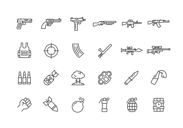 иконки линий оружия. редактируемый штрих. - armed forces human hand rifle bullet stock illustrations