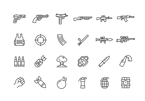 Weapons Line Icons. Editable Stroke. Vector illustration.