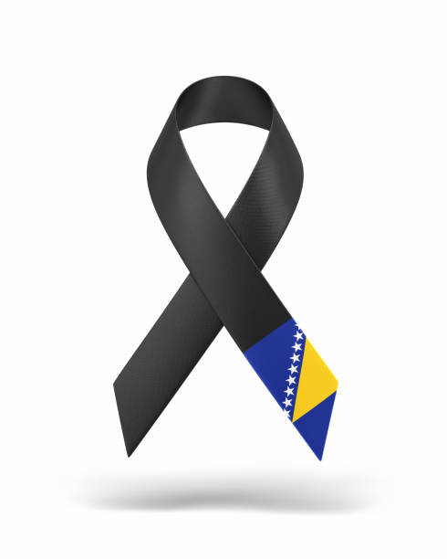 awareness black strip folded, bosnia and herzegovinan flag textured, object + shadow clipping path - bosnia herzegovinan imagens e fotografias de stock