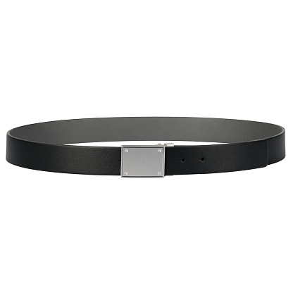 Classic black leather belt with chrome buckle, isolated on white. Timeless style.