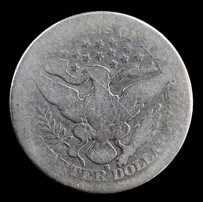 1911 heavily worn Barber Liberty Head silver quarter. Reverse side with San Fransisco mint mark.