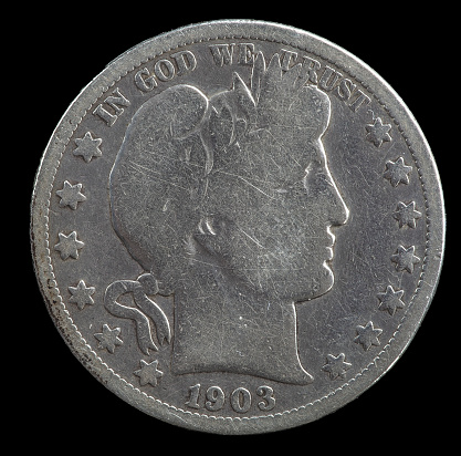 Badly worn 1903 Barber Liberty Head half dollar minted in New Orleans.