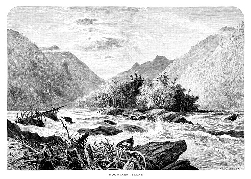 Mountain Island, French Broad River, considered one of the oldest rivers in the world, is in North Carolina, USA. Pen and pencil engravings, published 1872. This edition edited by William Cullen Bryant is in my private collection. Copyright is in public domain.