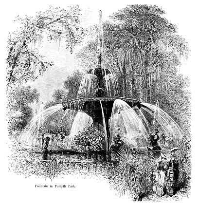 A fountain in Forsyth Park on Bull Street in Savannah, Georgia, USA. Pen and pencil illustration engravings, published 1872. This edition edited by William Cullen Bryant is in my private collection. Copyright is in public domain.