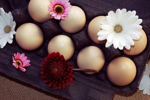 An easter background of eggs in an egg box with  flowers.