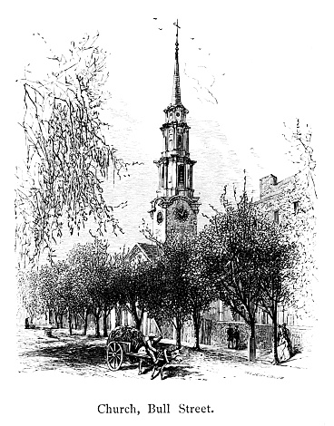 Presbyterian Church on  Bull Street in Savannah, Georgia, USA. Pen and pencil illustration engravings, published 1872. This edition edited by William Cullen Bryant is in my private collection. Copyright is in public domain.