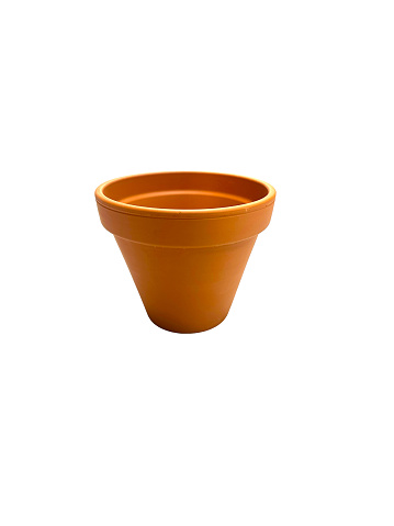 SINGLE BROWN EARTHEN POT ON ISOLATED WHITE BACKGROUND.
