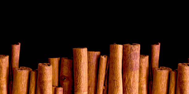 istock Cinnamon sticks isolated on black background. Lie in a row. 1470606886