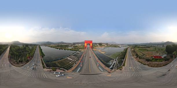 istock Aerial 360 bridge with red arch 1470607157