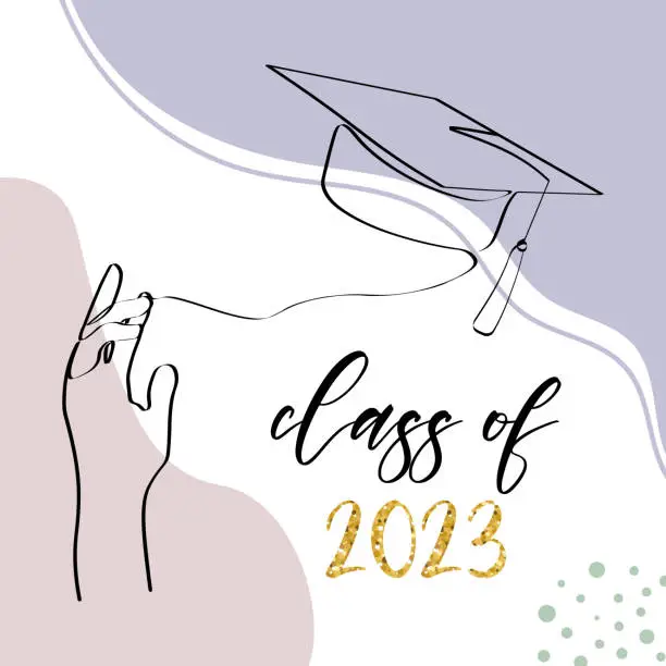 Vector illustration of Class of 2023. One line art with student tossing up his graduation cap. Trendy one line draw design graphic vector illustration.