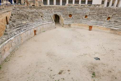 Elevated view of the stage of the Roman amphitheater of Pompeii