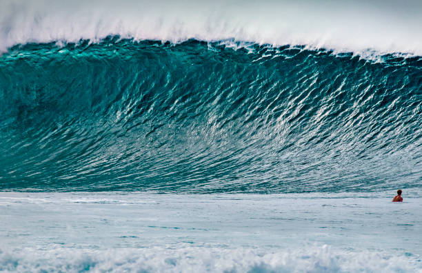 パイプラインで巨大な波に矮小化されたサーファー - healey ストックフォトと画像