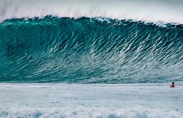 Surfer dwarfed by a huge wave at Pipeline