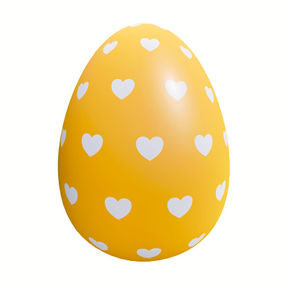Painted easter egg of orange color with white hearts ornament isolated on white background colorful 3d render illustration. Clip art design element. Pastel colors. Easter egg hunt template.