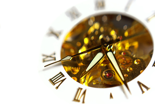 3D Rendering Classic Round Clock with infinity time. Golden Classic Round Clock with time hands turn backward infinity.