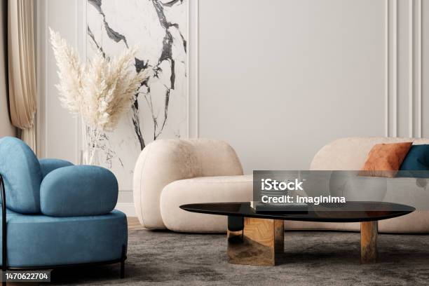 Elegant Midcentury Modern Beige Living Room With Curved Sofa And Armchair Stock Photo - Download Image Now