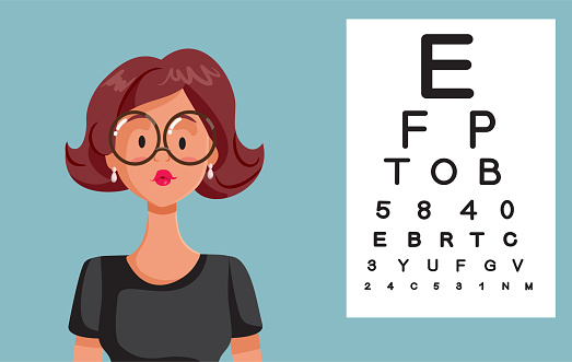 Young woman reading on Snellen chart using her eyeglasses