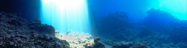 istock Underwater panorama photo of sunbeam inside a cave 1470624971