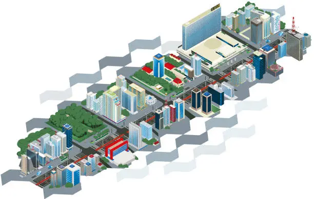 Vector illustration of the city of São Paulo, Paulista Avenue, from Trianon to Consolação station. Isometric illustration. Brazil. Highly detailed.