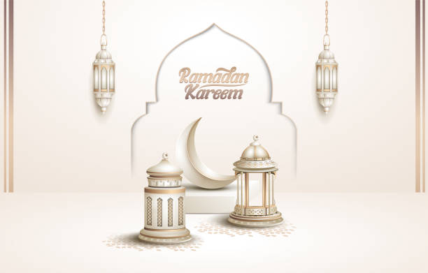 islamic greeting ramadan kareem card design islamic greeting ramadan kareem card design with beautiful white lanterns and crescent moon hari raya light stock illustrations