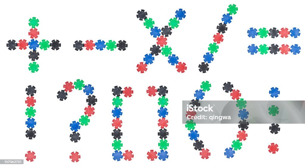 XXXL Poker trucioli organizzati in matematica simboli e segni di punteggiatura - Foto stock royalty-free di Bianco