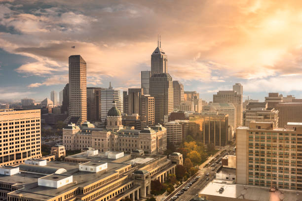 City skyline view of Indianapolis, Indiana, USA at sunrise stock photo