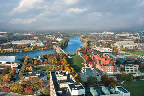 High angle aerial view of Indianapolis and the White River park stock photo