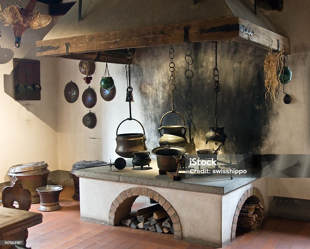 An ancient historic style kitchen Ancient kitchen (Kyburg castle, Switzerland) Castle Stock Photo