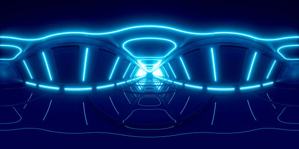 Neon tunnel 360 panorama background, 3d rendering. Digital drawing.