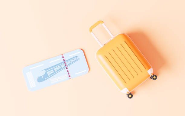 istock Cartoon luggage and train ticket in the yellow background, 3d rendering. 1470632327