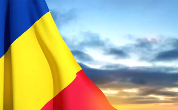 Vector illustration of Romania flag against the sunset. Patriotic background