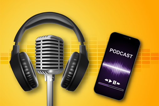 Smartphone podcast app with headphones and retro microphone. EPS10 vector