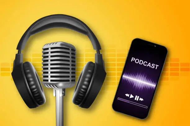 Vector illustration of Smartphone podcast app with headphones and retro microphone