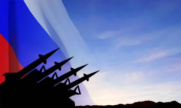 istock The missiles at the sky at sunset with Russian flag 1470632450