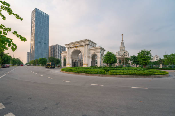Skyscraper tower and university in sunset - Ha Noi city, north Vietnam