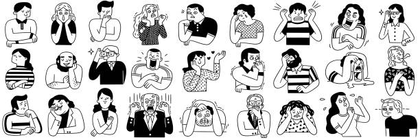 People facial emotion expression outline hand drawn set Big collection of various people's facial emotion expression, happy, sad, shocked, scared, angry, laughing, crying, etc. Outline, hand drawn sketch, black and white ink style. drawing of the how to draw a crying face stock illustrations