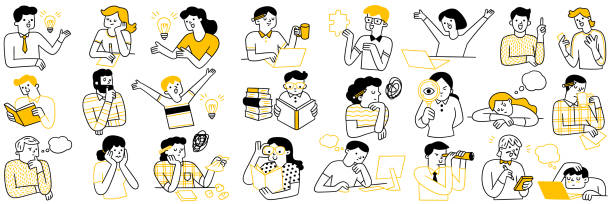 Many people finding idea Various character doodle illustration of people finding creative ideas concept, thinking, reading, find solution or knowledge, imagination. Outline, linear, thin line art, hand drawn sketch. teenager doodle stock illustrations