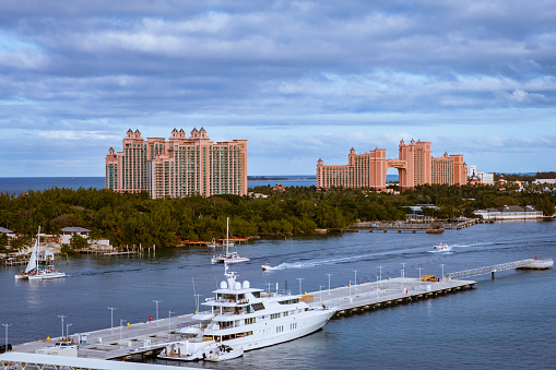 Nassau, The Bahamas - January 6, 2023: The Atlantis Resort viewed from the deck of a cruise ship docked in Nassau.