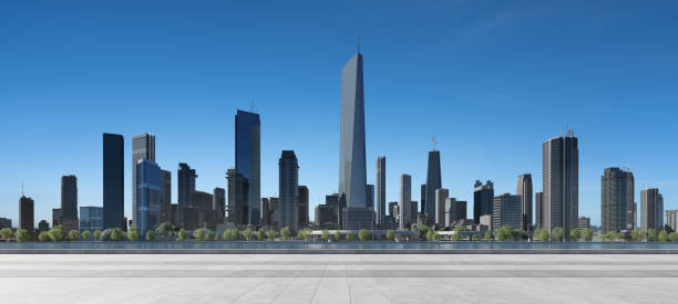 istock 3D Modern city with a beautiful view and empty floor in front 1470636256